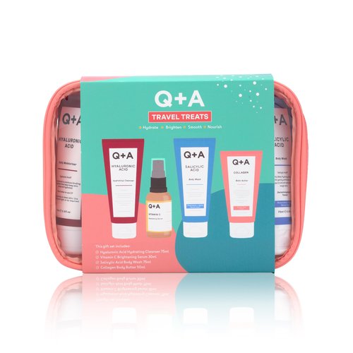 Q+A Travel Treats Gift Set, 4-Piece Skincare & Bodycare Minis with Travel Bag, Hydrating Fcaial Cleanser (75ml), Vitamin C Serum (30ml), Salicylic Acid Body Wash (75ml) & Collagen Body Butter (50ml)