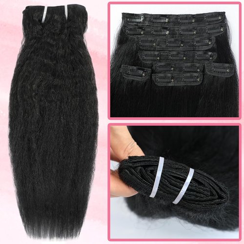 Kinky Straight Clip in Hair Extensions Real Human Hair 110g 8pcs Yaki Straight Clip Ins Hair Extensions For Women Natural Black Full Head Brazilian Remy Hair Double Weft 20 Clips