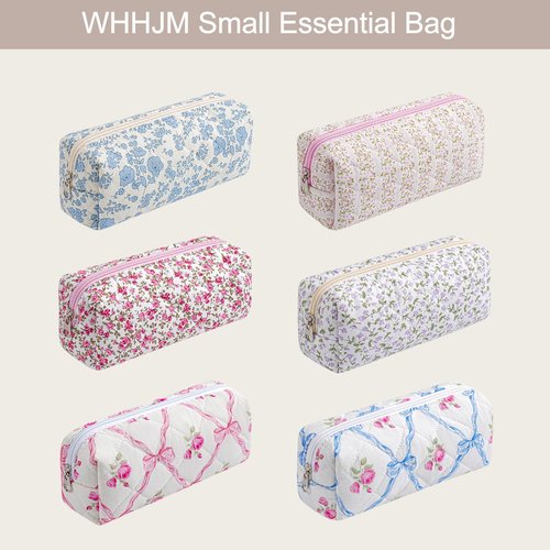 WHHJM Cute Floral Makeup Brush Bag Small Cotton Quilted Cosmetic Bag for Women Travel Toiletry Zipper Make Up Pouch (Blue Floral)