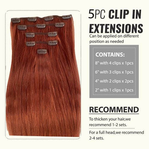 Belaved Clip in Hair Extensions Auburn Human Hair Clip in Extensions 16 Inch Remy Real Hair Extensions Straight Seamless Invisable 70g 5pcs #135