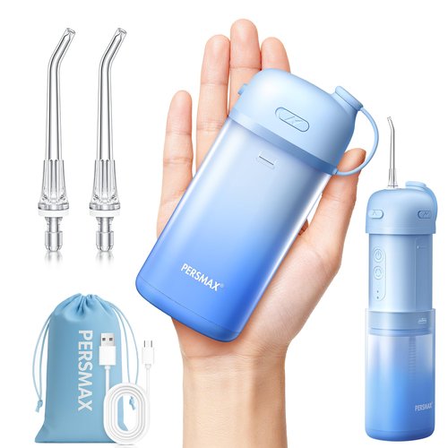 PERSMAX Portable Water Flosser for Teeth Cleaning - Cordless Dental Pick Electric Oral Irrigator for Travel, Kids, with 3 Modes 8 Pressure Settings, 2 Tips, 150ML, Mini Size, IPX7, Gradient Blue