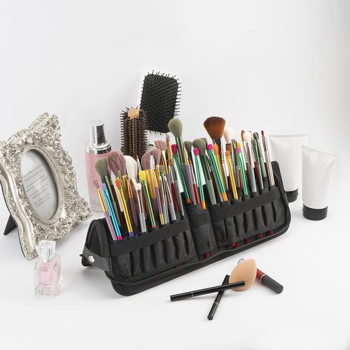 CAIRIAC Makeup Brush Organizer Bag Standing Makeup Brushes Holder Travel Case, Professional Portable Cosmetic Storage Bag Foldable Makeup Brush Wrap Case for Men Women Artist Gift (Black)
