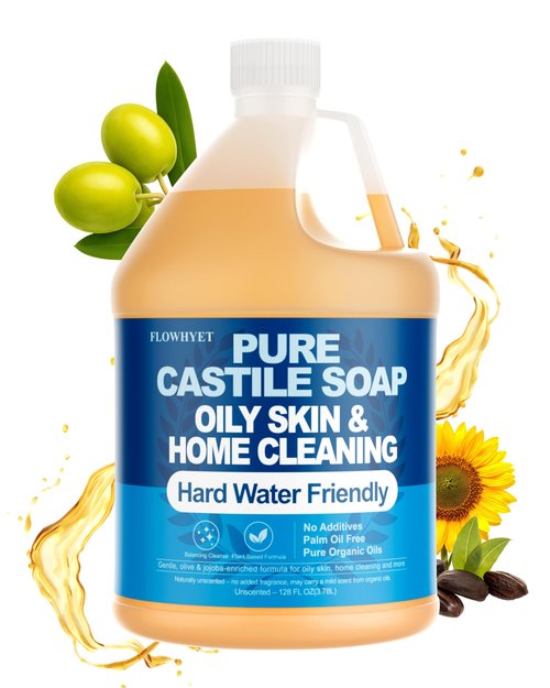 FLOWHYET 1 Gallon Pure Castile Soap Liquid, Organic Hand Soap Refill, Natural For Hand, Body Wash, Dishes, Home Cleaning Oily Skin, Fragrance Free Vegan Hard Water Friendly - Unscented 1 Gallon