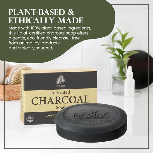 Madina Activated Charcoal Soap Bar – Deep Cleansing, Detoxifying, Oil Control, Acne, 100% Vegetable-Based, Halal, Gentle Face & Body Cleanser, 6 Pack (3.5 oz Each)