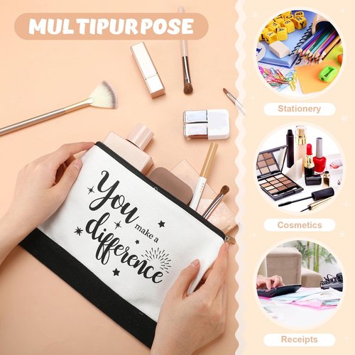Kajaia 24 Pieces Inspirational Canvas Cosmetic Bags Makeup Bags with Zippers Appreciation Motivational Toiletry Purse Pouches Positive Travel Makeup Pouches for Girl Women Friends, 8 Designs (Elegant)