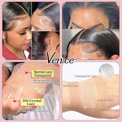 Venice Hair Real HD Lace Closure only 0.10mm Ultra-thin Invisible Crystal HD Lace Pre Plucked with Baby Hair Straight Human Hair Lace Frontal Closure (7x7 HD Body, 18 Inch)