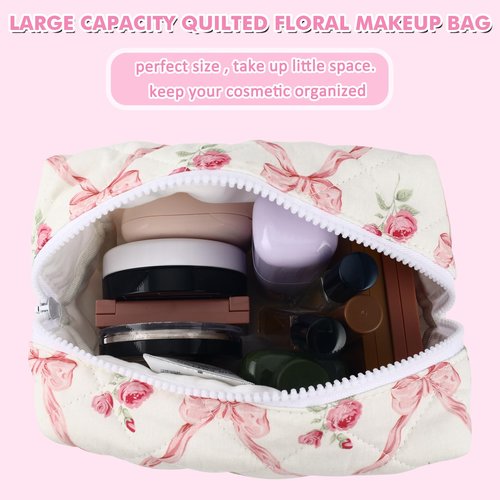 URSKYTOUS Quilted Makeup Bag Floral Large Cute Cosmetic Bag Cotton Puffy Makeup Organizer Coquette Travel Makeup Pouch Aesthetic Portable Zipper Toiletry Storage Bag for Women Girls (Pink Bow)