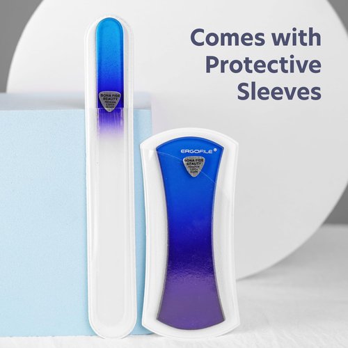 BONA FIDE BEAUTY Blue Czech Glass Nail File Kit 3-Pieces- Glass Curved File (Ergo File), and Cuticle Pusher