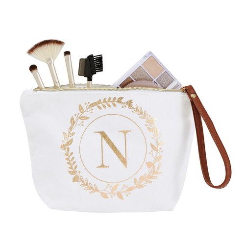 Glamlily Letter N Cosmetic Bag - Monogrammed Canvas Cosmetic Pouch - Compact Travel Makeup Bag & Toiletry Case - Personalized Initial Makeup Pouch - White & Gold Floral, 10 x 3 x 6 in