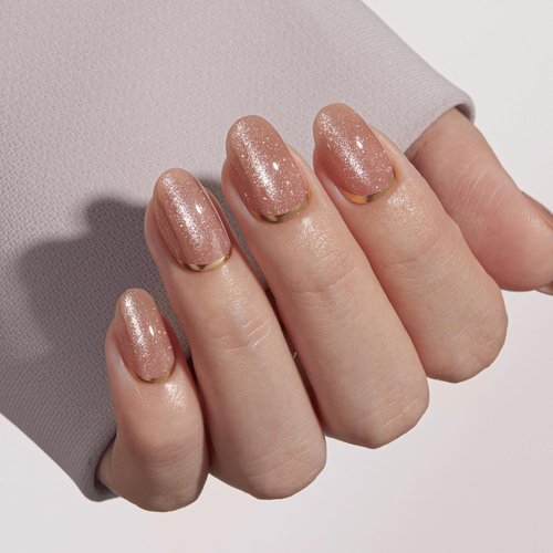 VSALON Press On Nails Short, 32 Pcs 16 Sizes Cat Eye Press On Nails Oval Fake Nails Gold Foil Design Sparkly Shimmer Gel With UV Glue Reusable Stick On Nails Semi-transparent Fall Gift For Women