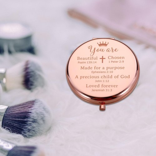 FOOZDEEVAAQ Religious Compact Mirror, Baptism & First Communion Gift for Girls, 2.56in Round, Rose Gold