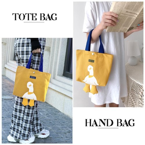 Kovewon Small Canvas Tote Bag for Women Cute Mini Duck Book Tote Bag Preppy Yellow Reusable Bags for Grocery, Essentials, Water Bottle, Keys, Book, Bible