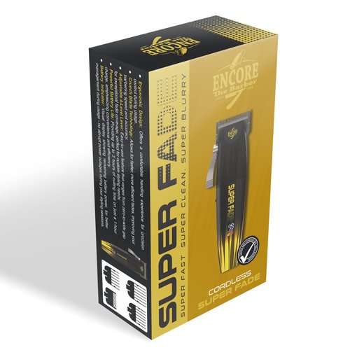 ENCORE THE BARBER Super Fade Professional Hair Clipper for Barbers Fast Clean Blurry Fades | Four Click Lever | Whisper Quiet | Rechargeable Cordless | Over 90 Minutes Run time | Crunchy Blade