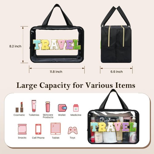 Yowivon Extra Large Travel Pouches for Toiletries, Waterproof Preppy Makeup Spf Sunscreen Skin Care Snack Bag, Clear Tote Bag for Beach, Camping, Business Trips, Swimming, Stadium Event, Black, XL