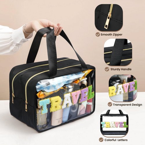 Yowivon Extra Large Travel Pouches for Toiletries, Waterproof Preppy Makeup Spf Sunscreen Skin Care Snack Bag, Clear Tote Bag for Beach, Camping, Business Trips, Swimming, Stadium Event, Black, XL
