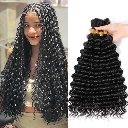 Human Braiding Hair Deep Wave Bulk for Braiding No Weft 12A Brazilian Virgin Curly Extensions for Boho Braids Wet and Wavy Hair (1B-Deep Wave, 22/200g)
