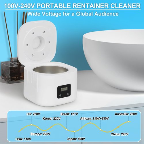 Retainer Ultrasonic Denture Cleaner Machine, 49kHz Dental Night Guard Cleaning Tablets Ultra Sonic Dental Tools for Aligner, Braces, Toothbrush Head & Jewelry with Digital Timer & 3 Mode White
