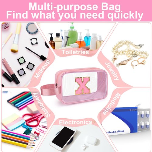 XANGNIER Clear Personalized Makeup Bag Initial Travel Toiletry Bag, 8.8''X2.7''X5.3''Size Pencil Pouch With Zipper and Handle Straps, Pink Gifts For Girlfriend Teacher Mom Brithday Mothers Day,D