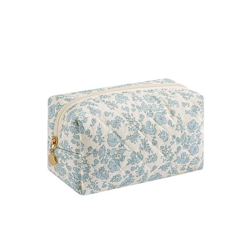 WHHJM Cute Floral Makeup Bag Small Cotton Quilted Cosmetic Bag, Aesthetic Essential Bag Emergency Bag Gift for Women Girls Travel Accessories (Blue Floral)