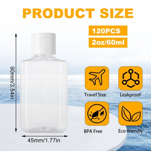 120 Pack 2 Oz Plastic Refillable Bottles with Flip Cap, Clear Hand Sanitizer Bottles, Travel Size Bottles with Flip Cap, Portable Reusable Containers with Lids for Shampoo,Body Soap,Toner, Lotion