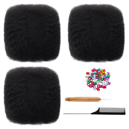 Afro Kinkys Bulk Human Hair for, Loc Repair, Twists, Afro Kinky Curly Human Hair 3 Packs Bulk Hair For Dreadlocks Extensions Bulk Human Braiding Hair (Natural Black# 10inch 150g)