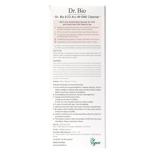 Dr.Bio Eco All-in-One Cleanser, Face & Body Wash for Sensitive Skin with Ceramide, Probiotics & Cica, Vegan, Fragrance-Free, Mild Gentle Hydrating Cleanser, Hypoallergenic Korean Skincare