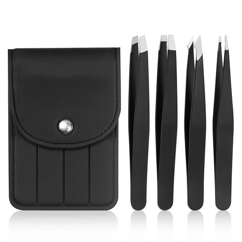 [4+1 Pack] Precision Tweezers Set with Travel Case, Professional Stainless Steel Eyebrow Tweezers for Women & Men, Multi-Purpose for Facial Hair & Ingrown Hair Removal