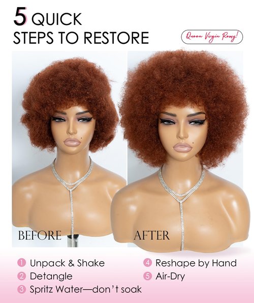 QUEEN VIRGIN REMY QVR Afro Wig For Women Short Afro Kinky Curly Bob Glueless Wigs Human Hair Natural Looking 70s Afro Wigs With Bangs Short Bouncy Afro Puff Wig For Daily Party Wear
