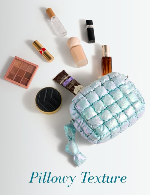 Yarnic Quilted Makeup Bag Puffy Cosmetic Bag, Quilt Travel Toiletry Bag Puffer for Women, Cute Makeup Bag Organizer Soft Cosmetic Pouch (Iridescent Blue, S)