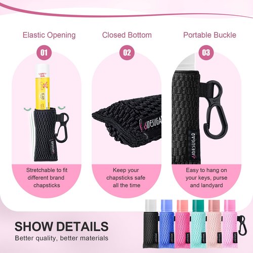 SIDESUGAR 3 PCS Lip Balm Sleeves Elastic Chapstick Holder Key Chain Tight-Knit Lip Gloss Holder Keychain - Black