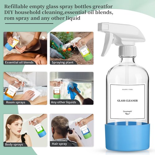 GIVAMEIHF 4 Pack Glass Spray Bottles with Silicone Sleeve,16oz Clear Glass Spray Bottles Refillable Empty Bottle with Adjustable Nozzle,Spray Bottle for Cleaning Solutions,Essential Oils,Pets,Hair