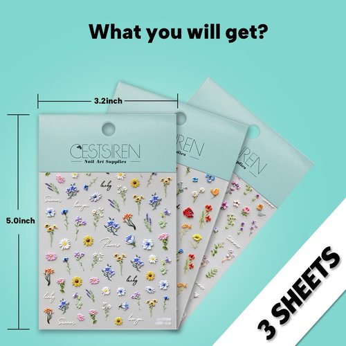 CESTSIREN Flower Nail Art Stickers 3D Embossed Nail Decals for Nail Art Design Self-Adhesive Spring Summer Nail Accessories for Women Nail Art Supplies 3 Sheets