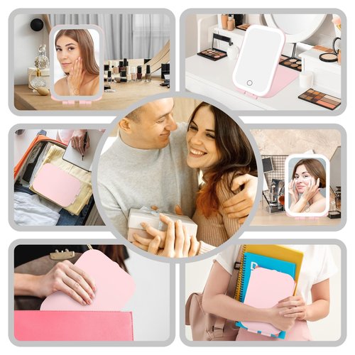 Koolstuffs Travel Mirror with Light, Rechargeable Portable Makeup Mirror with Battery-Powered, 3 Colors LED Lighting, Dimmable Touch Screen Vanity Lighted Mirror