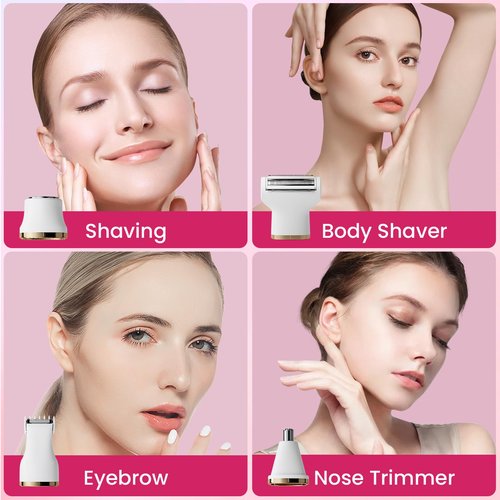 Electric Razors for Women, 5-in-1 Wet/Dry Bikini Trimmer with USB Charge Dock, Deluxe Facial Hair Removal, Wet/Dry Body Shaver for Nose Eyebrows Beard Underarm Leg Arm, IPX7 Waterproof (White)