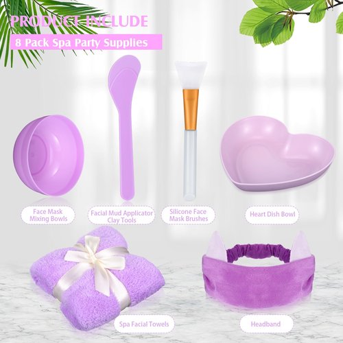 HunnmingRe 48 Pcs Spa Party Supplies for Women Face Mask Mixing Bowl Spa Towel Heart Bowl Stick Spatulas for Sleepover Party(Purple)