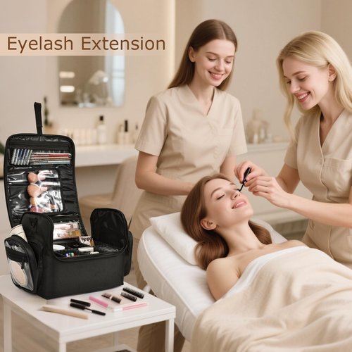 Adazzo Professional Makeup Bag with Brush Holder, Large Makeup Case with with Shoulder Strap & 4 Clear Set Bags, Travel Cosmetic Storage Organizer Box with 2 Side Pockets & Dividers for Makeup Artists
