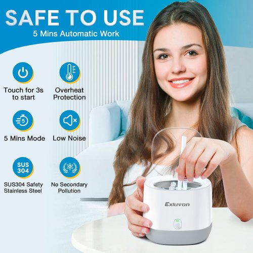 Exluvon Ultrasonic Retainer Cleaner 45kHz, 250ML Portable Ultrasonic Cleaner, Professional Retainer Cleaner Machine for Dentures, Mouth Guard, Aligner and Jewelry