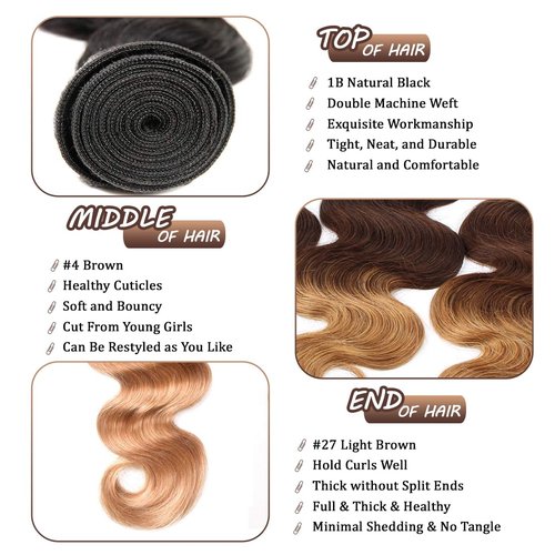 Ombre Human Hair Bundles 3 Tone Color T1b/4/27 Body Wave Bundles 16 Inch 12A Raw Hair One Bundle Ombre Black to Brown to Honey Blonde Wavy Human Hair Colored Quick Weave for Weave Extensions