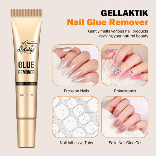 GELLAKTIK 10g Nail Glue for Press On Nails - Super Strong, Quick Drying, Long Lasting Adhesive for Fake Acrylic Nails & Tips, No UV Light Needed, Includes Nail Glue Remover for Press On Tips