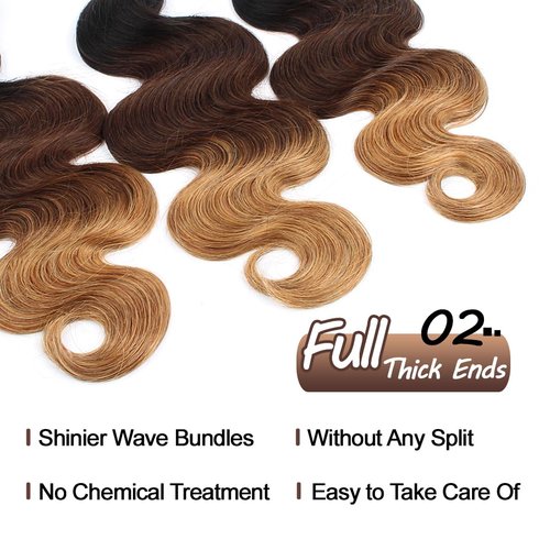 Ombre Human Hair Bundles 3 Tone Color T1b/4/27 Body Wave Bundles 16 Inch 12A Raw Hair One Bundle Ombre Black to Brown to Honey Blonde Wavy Human Hair Colored Quick Weave for Weave Extensions