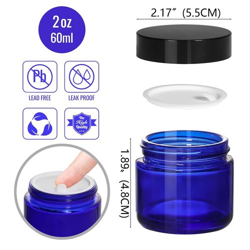 BPFY 24 Pack 2 oz Round Blue Glass Cosmetic Jars with Inner Liners and Black Lids, Travel Jars, Refillable Containers for Makeup, Cream, Lotion, Sugar Scrubs, Eye Shadow, Slime, Paint, Jewelry