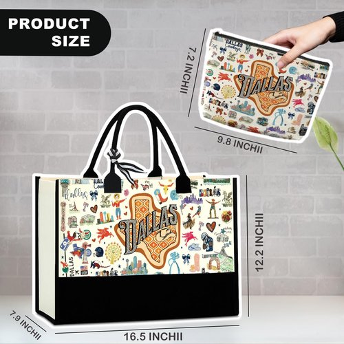 NBIAN Dallas Travel Tote Bag & Makeup Bag Set - Dallas Texas City Travel Souvenir Gift - Large Capacity, Multi-Purpose, Thoughtful Gift for Women