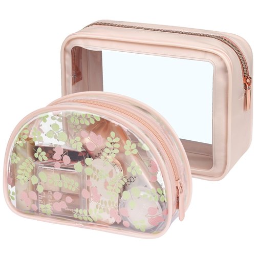 PACKISM TSA Approved Toiletry Bag - Pink Floral Print Clear Shell Bag and Upgrade Color-Edged Clear Travel Bag, Perfect for On the Go or Travel, Lightweight and Robust, 2 Pack