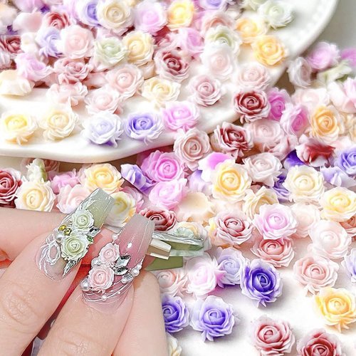 100 Pcs Cute Flower Nail Charms, Mixed Size Floral Charms for Nail Design, 3D Resin Camellia Rose Charm