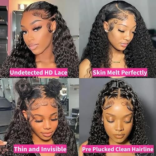 JTMMP 28 Inch 13x6 Deep Wave Lace Front Wigs Human Hair HD Full Lace Frontal Wigs Pre Plucked Bleached Knots 200% Density Deep Curly Human Hair Wig Natural Color