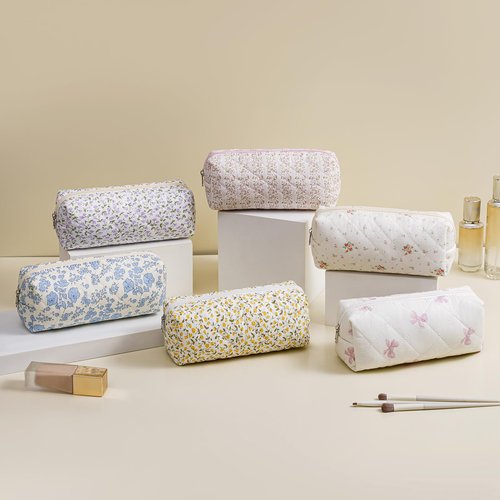 HHQQWZ Cute Floral Cotton Makeup Brush Cosmetic Bag for Women, Travel Quilted Zipper Make Up Bag, Flowers Toiletry Organizer Case Kawaii Makeup Cosmetic Travel Cloth Pouch (Pink Floral)