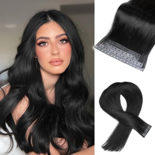 Remy Human Hair Extension Micro Ring PU Hair Extensions Invisible Beaded Weft Hair Extensions Human Hair Tape in Weft in Hair Extension Human Hair for Women Natural Black (30g 4Pcs,14 Inch)