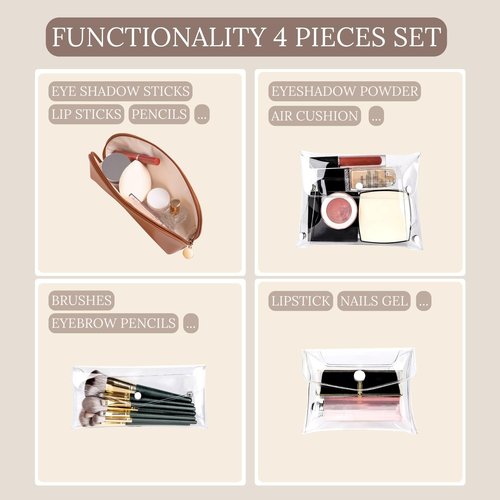 Travel Makeup Bag Organizer, Waterproof Small Makeup Bag for Purse, PU Leather Travel Toiletry Bag for Women, Cosmetic Bag, Makeup Case & PVC Mini Make up Bags, Purse Organizer Pouches (4 Pcs Set)
