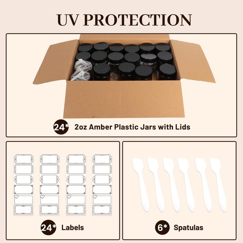 AuroTrends 2oz Amber Plastic Jars with Lids 24Pack, Small Salve Containers Ideal for Creams, Candles, Accessories and DIY Lotions, White Stickers and Spatula Included (60ml, Set of 24）
