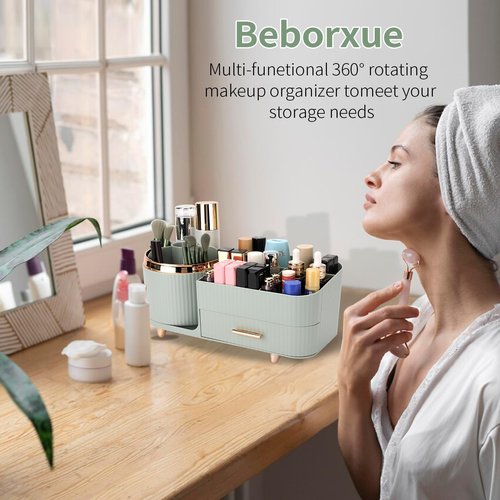 Molutsody Makeup Organizer for Vanity, Cosmetic Display Case with Drawers, Fits Makeup, Skincare Products, Brushes, Lipsticks, and Other Accessories, Versatile Storage Solution (Green)